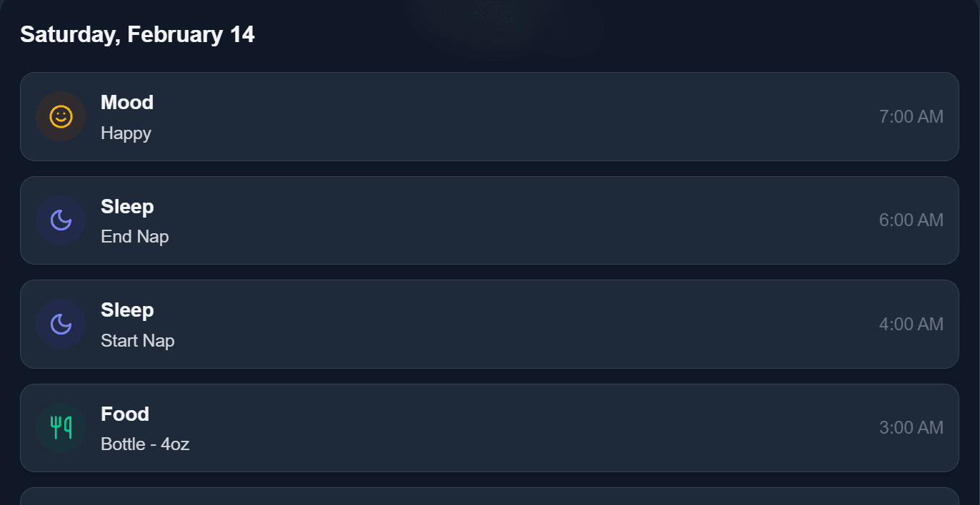 MommyPlanIt daily care log showing real-time entries